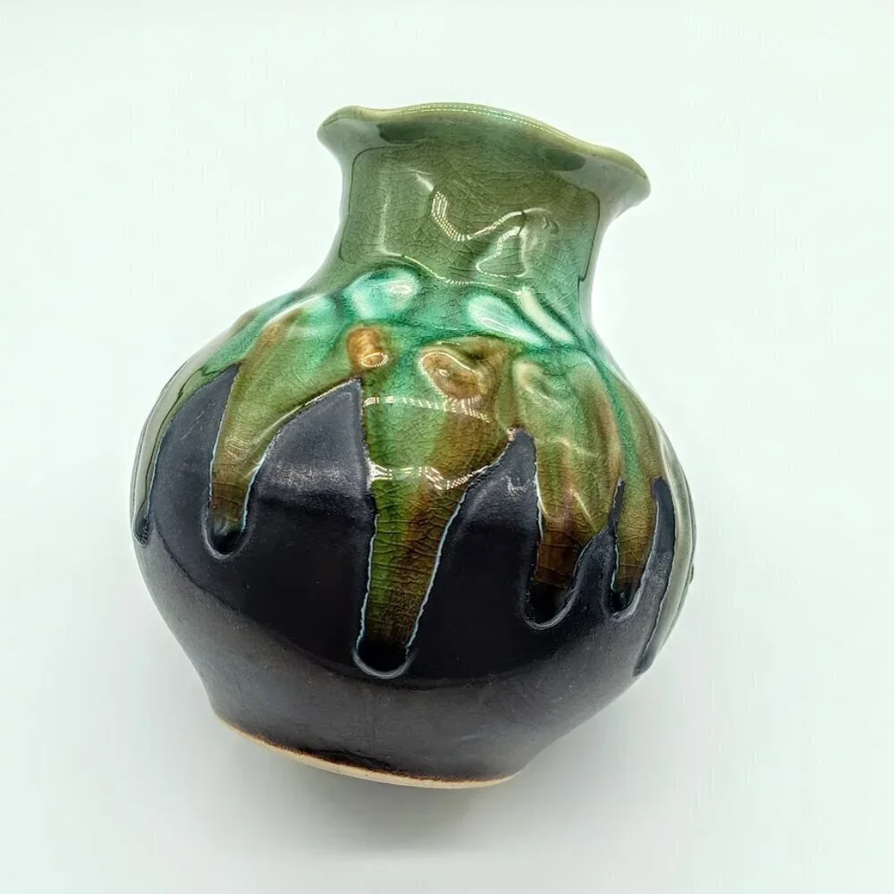 Vietnamese Hand-Crafted Drip Glazed Ruffle Rim Ceramic Vase